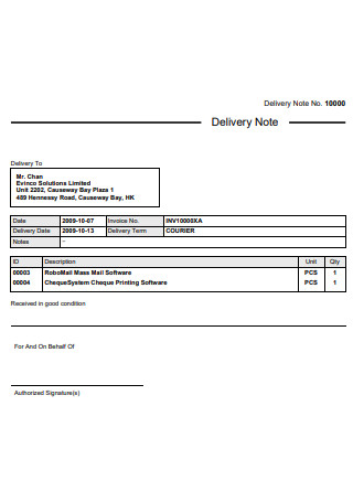 Printable Delivery Note Form