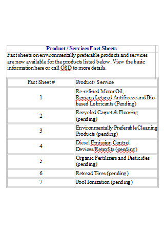 Product Services Fact Sheet