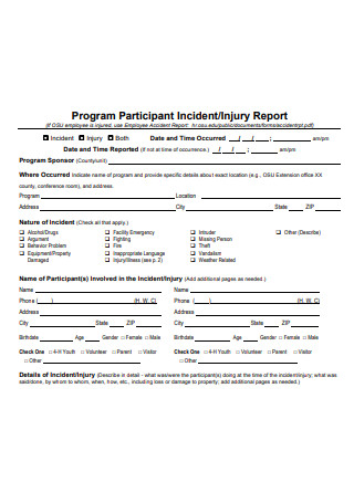 Program Participant Injury Incident Report