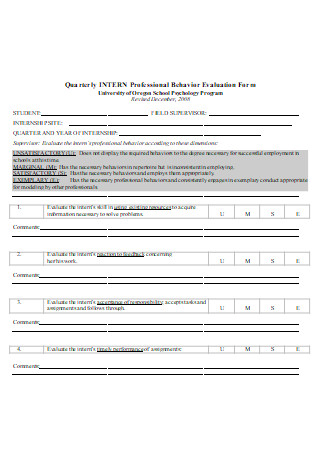 Quarterly Intern Professional Behavior Evaluation Form