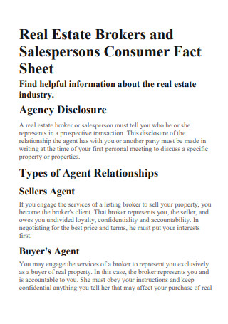 Real Estate Brokers and Sales Person Consumer Fact Sheet