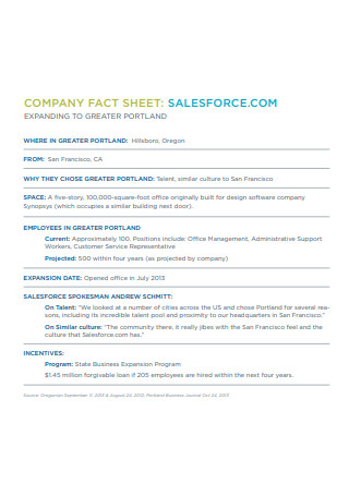 Sales Company Fact Sheet