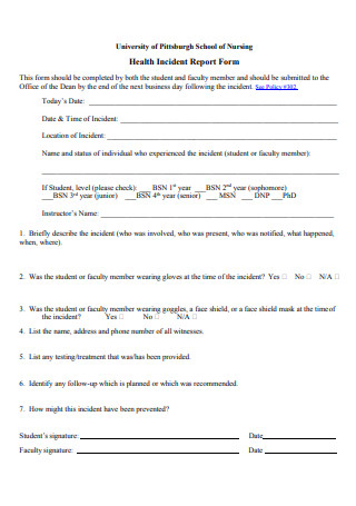 School of Nursing Health Incident Report Form
