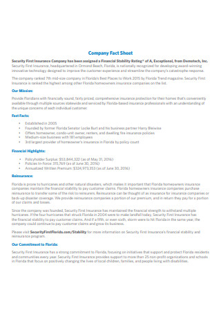 Security First Insurance Company Fact Sheet