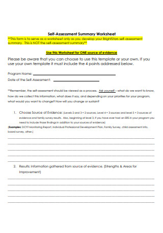 Self Assessment Summary Worksheet