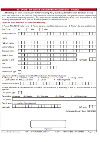 Self Declaration Form for Non Resident Clients