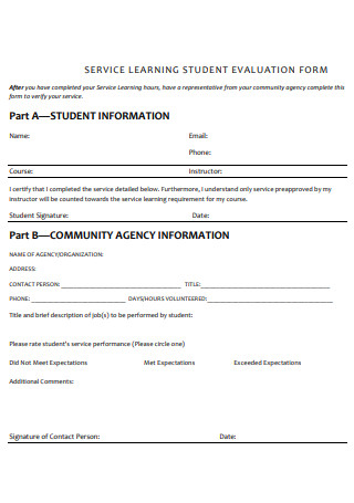 Service Learning Student Evaluation Form