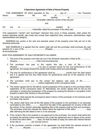 Specimen Agreement of Sale of House Property