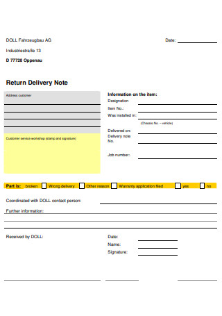 Standard Return Delivery Note