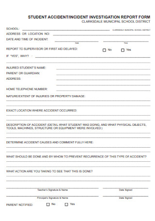 Student Accident Incident Report Form