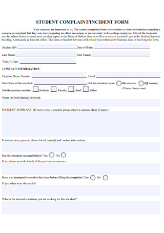 Student Compalint Incident Report Form