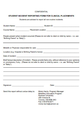 Student Incident Report Form for Placements