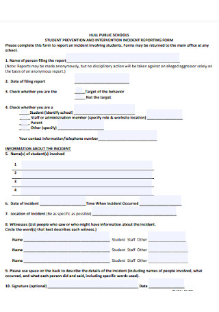 Student Intervention Incident Report Form