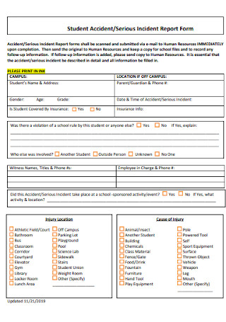 Student Serious Incident Report Form
