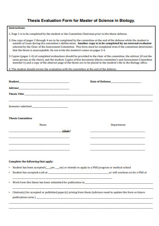 Thesis Evaluation Form For Master of Science in Biology