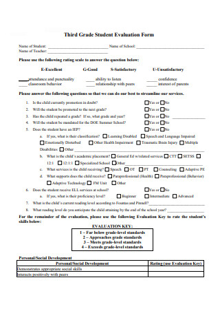 Third Grade Student Evaluation Form