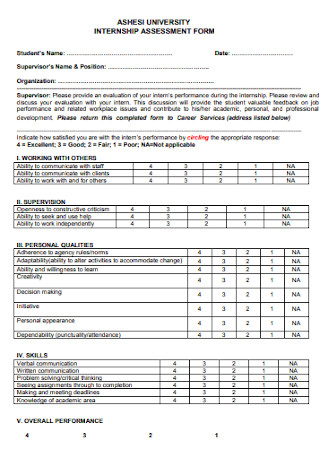 University Internship Assessment Form