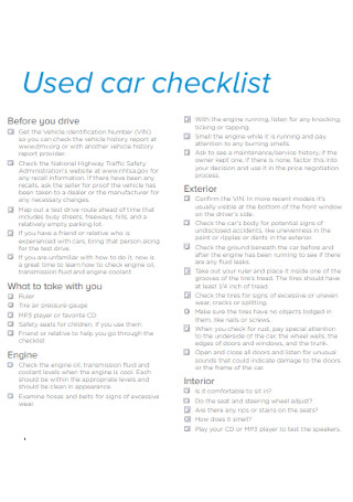 Used Car Checklist Format
