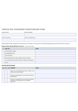 Vendor Risk Assessment Questionnaire Form