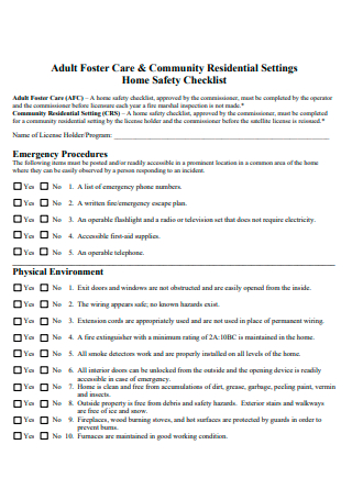 Adult Care and Community Residential Home Safety Checklist