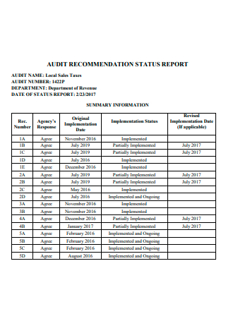 Audit Recommendation Status Report