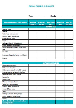 Bar Cleaning Checklist Format