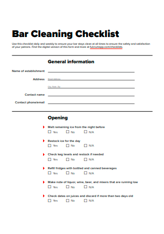 Bar Cleaning Checklist Template