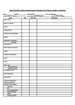 Basic Monthly Vehicle Maintenance Checklist