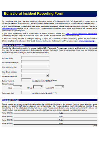 Behavioral Incident Reporting Form