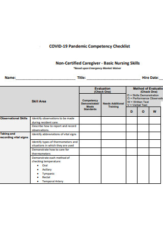 COVID 19 Pandemic Basic Nursing Skills Competency Checklist