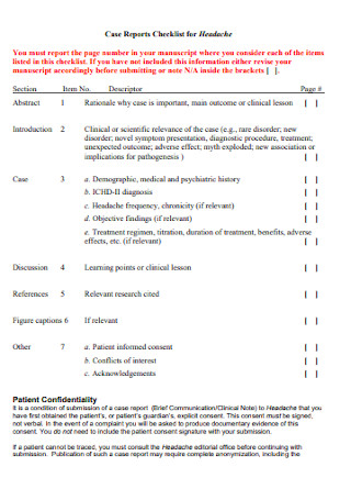 Case Reports Checklist for Headache 
