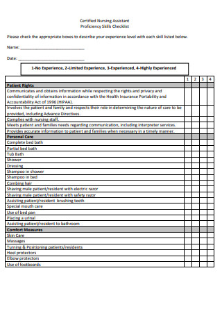 Certified Nursing Assistant Proficiency Skills Checklist 