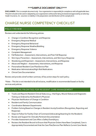 Charge Nurse Competency Checklist