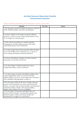 Classroom Observation Checklist Example