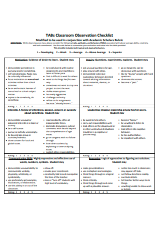 Classroom Observation Checklist Format