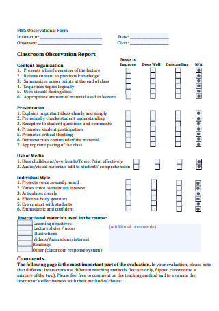 Classroom Observation Report Example
