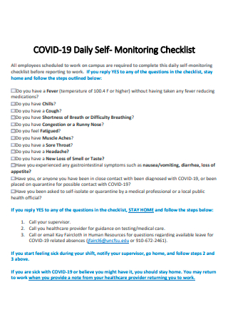 Covid 19 Daily Self Monitoring Checklist