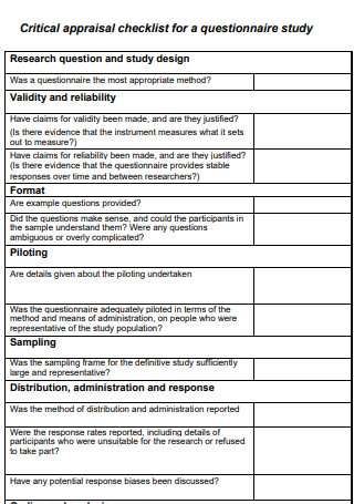 Critical Appraisal for Questionnaire Checklist