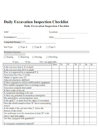 Daily Excavation Inspection Checklist