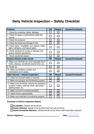 Daily Vehicle Inspection Safety Checklist