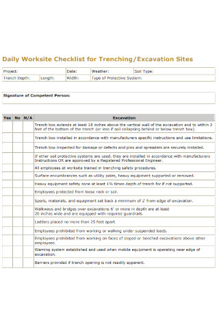 Daily Worksite Checklist for Trenching Excavation Sites 