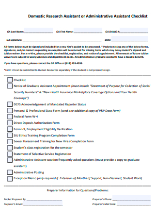 Domestic Research Administrative Assistant Checklist