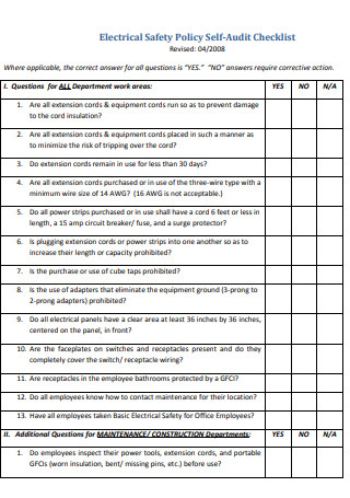 Electrical Safety Policy Self­Audit Checklist