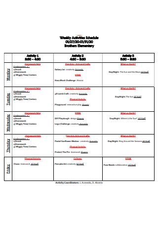 Elementary Weekly Activities Schedule