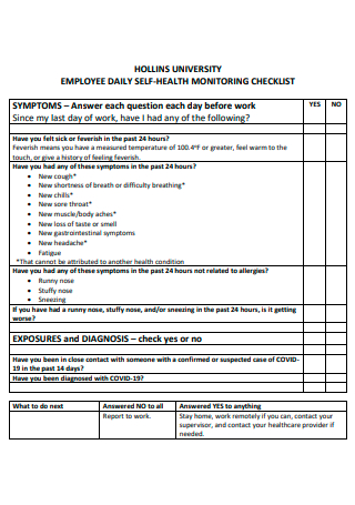 Employee Daily Self Health Monitoring Checklist