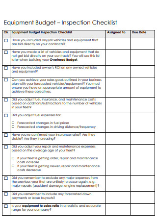Equipment Budget Inspection Checklist