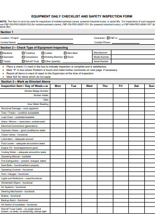 Equipment Daily Checklist And Safety Inspection Form