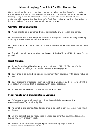 Fire Prevention Housekeeping Checklist