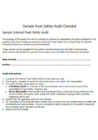 Food Safety Audit Inspection Checklist