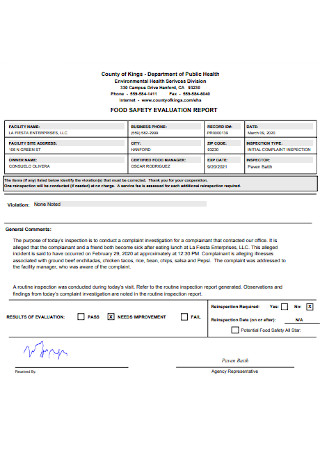 Food Safety Evaluation Report Template
